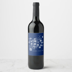 Navy Blau Wasserfarben Blumen Weinetikett