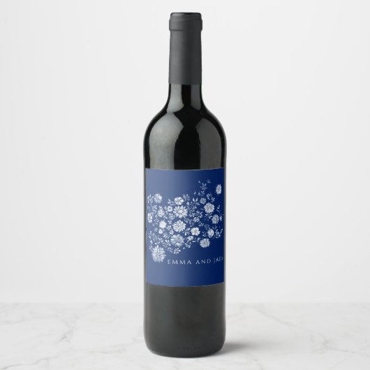 Navy Blau Wasserfarben Blumen Weinetikett (Vorderseite)