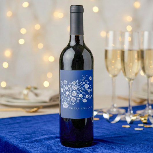 Navy Blau Wasserfarben Blumen Weinetikett