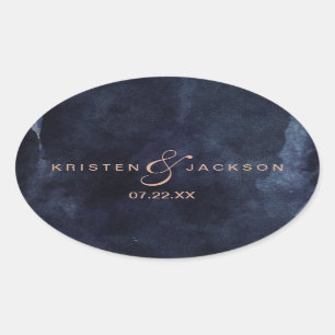 Navy Blau Watercolor & Roségold Monogramm Hochzeit Ovaler Aufkleber