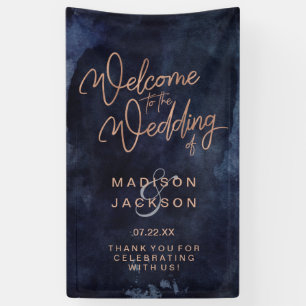 Navy Blau Watercolor & Roségoldene Hochzeitsbegrüß Banner