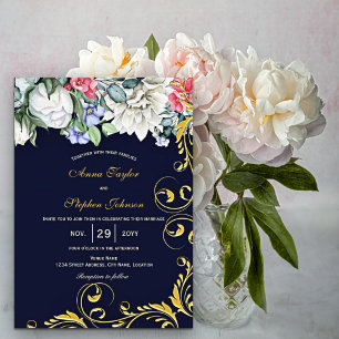 Navy Blau Weiß Blau Pink Gold Wirbel Botanisch Einladung