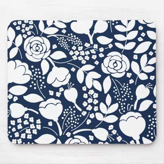 Navy-Blau-Weiß-Blumenmuster-Mausknöpfe Mousepad (Vorne)