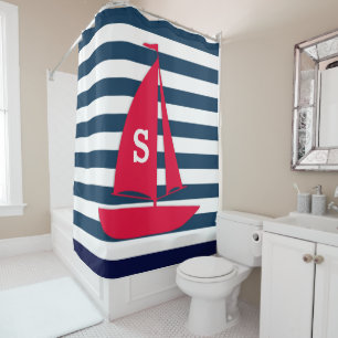 Navy Blau Weiß Gestreift Monogramm Rotes Boot Mari Duschvorhang