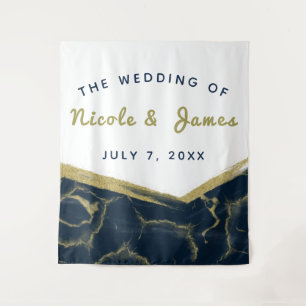 Navy Blau Weiß & Gold Marmor Chic Moderne Hochzeit Wandteppich
