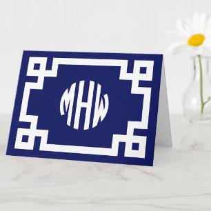Navy Blau Weiß Kreis Monogramm Griechischer Schlüs Karte