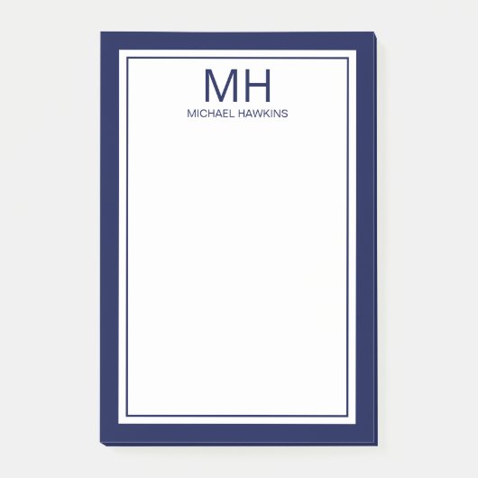 Navy Blau Weiß Monogramm Herren Post-it Klebezettel (Vorderseite)
