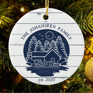 Navy Blau & Weiß Rustikales Holz-Nautisches Landha Keramik Ornament