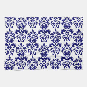 Navy Blau, Weiß Vintage Damast Muster 2 Handtuch