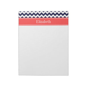 Navy Blau Weiße Chevron Korallenrote Name Monogram Notizblock