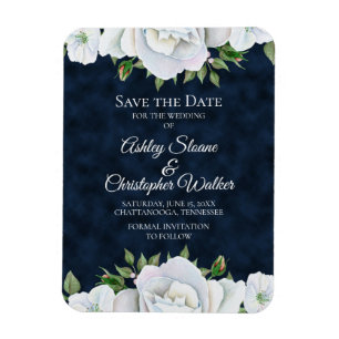 Navy Blau Weiße Florale Hochzeit Bewahrt das Datum Magnet