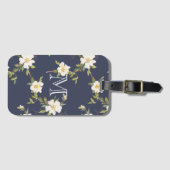 Navy Blau Weiße Florale Monogramm Gepäckanhänger (Vorderseite (Horizontal))