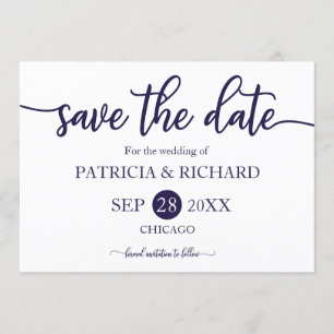 Navy Blau Weiße Kalligrafie Hochzeit Save The Date Einladung