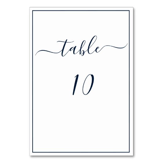 Navy Blau Weiße Kalligrafie Schrift Elegante Hochz Tischnummer (Vorderseite)