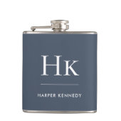 Navy Blau Weiße Monogramm Elegante Personalisierte Flachmann (Vorderseite)