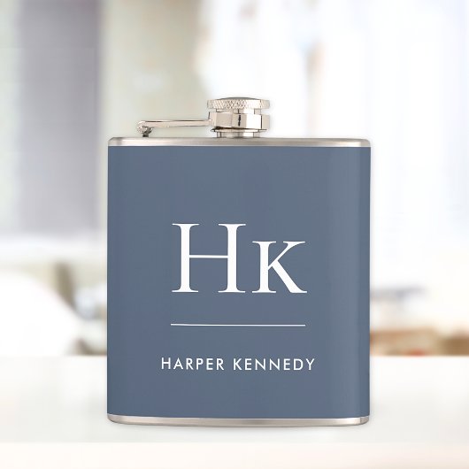 Navy Blau Weiße Monogramm Elegante Personalisierte Flachmann