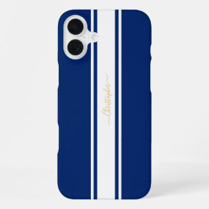 Navy Blau Weiße Rennstreifen Gold Monogramm iPhone 16 Plus Hülle