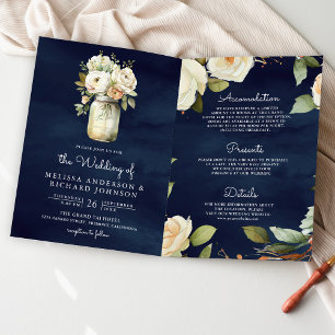 Navy Blau Weiße Rosen Mason Jar QR Code Hochzeit Einladung