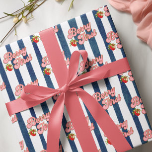 Navy Blau Weiße Streifen Erdbeere Geburtstag Geschenkpapier