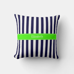 Navy Blau Weiße Streifen Lime Name Monogramm Kissen