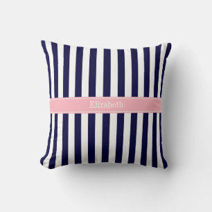 Navy Blau Weiße Streifen Rosa Name Monogramm Kissen