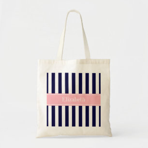Navy Blau Weiße Streifen Rosa Name Monogramm Tragetasche