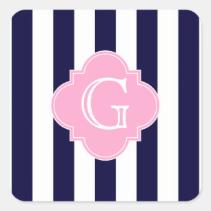 Navy Blau Weiße Streifen Rosa Vierblatt-Monogramm Quadratischer Aufkleber