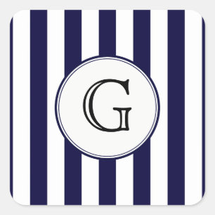 Navy Blau Weiße Streifen Runde Wht Monogramm Etike Quadratischer Aufkleber