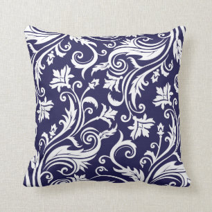 Navy Blau Weiße Vintage Damast Muster Kissen