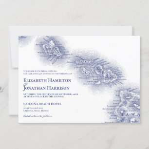 Navy Blau Weiße Vintage-Hawaii-Karte Hochzeit Einladung