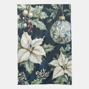 Navy-Blau-Weiße Weihnachtsstern-Stechpalme-Weihnac Geschirrtuch
