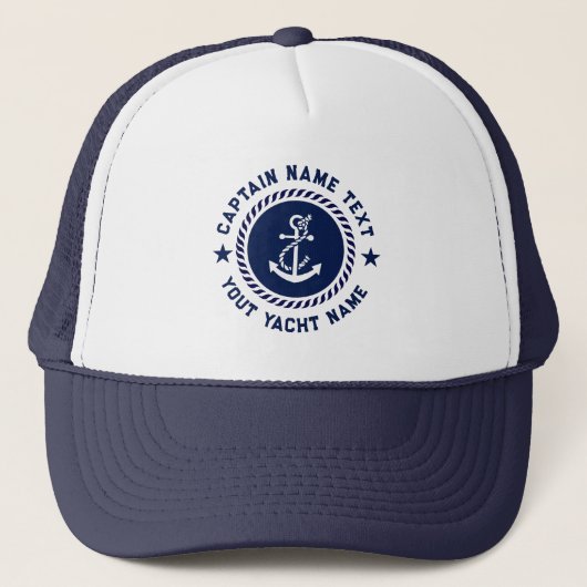 Navy Blau Weißes Meer Anchor Kapitänsname Truckerkappe (Vorderseite)