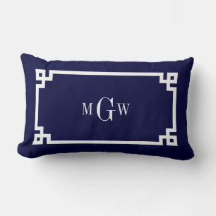 Navy Blau Wht Griechischer Schlüssel #2 gerahmt 3 Lendenkissen