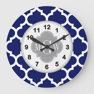 Navy Blau Wht Marokkanisch #5 Grau 3 Initialen Mon Große Wanduhr