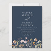 Navy Blau Wildblumen Hochzeit mit QR-Code Einladung (Vorderseite)