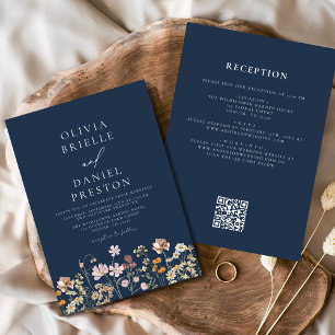 Navy Blau Wildblumen Hochzeit mit QR-Code Einladung