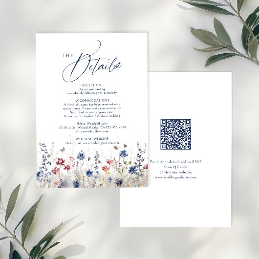 Navy Blau Wildblumen Rustikale QR-Code-Details Mitteilungskarte
