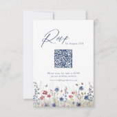 Navy Blau Wildflower Rustikale Hochzeit QR-Code RSVP Karte (Vorderseite)