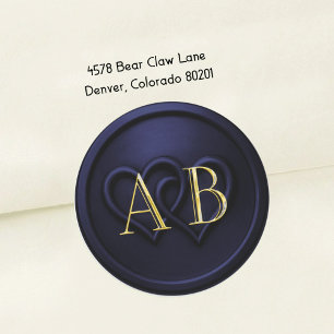 Navy Blau Zwei Herzen Gold Monogramm Hochzeit 2 Runder Aufkleber