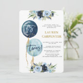 Navy blaue Ballon Babydusche Twins Jungs Invitatia Einladung (Stehend Vorderseite)