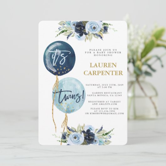 Navy blaue Ballon Babydusche Twins Jungs Invitatia Einladung (Stehend Vorderseite)