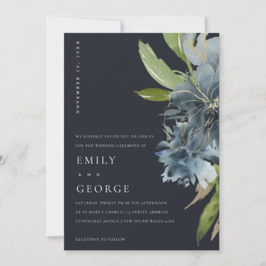 NAVY BLAUE GREEN GOLD FLORAL WEDING INVITE DANKESKARTE (Vorderseite)