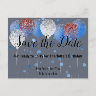 NAVY BLAUE RED WHITE BALLOONS SAVE THE DATE ANKÜNDIGUNGSPOSTKARTE