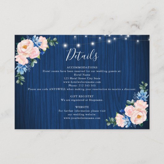 Navy Blaue Rosa String-Lichter Hochzeitsdetails Begleitkarte (Vorderseite)