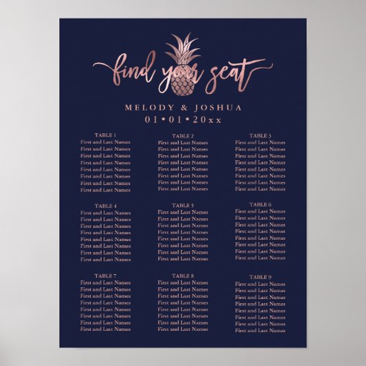 NAVY BLAUE ROSE GOLD PINEAPPLE SITZENCHARTA POSTER (Vorne)