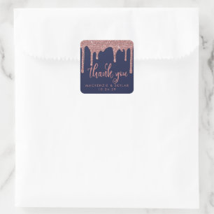 Navy Blaue Roségold Glitter Tropfen Danke Quadratischer Aufkleber
