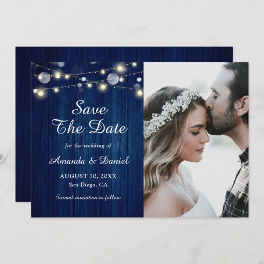 Navy blaue, rustikale Holzleuchten heiraten das Da Ankündigung (Vorne/Hinten)