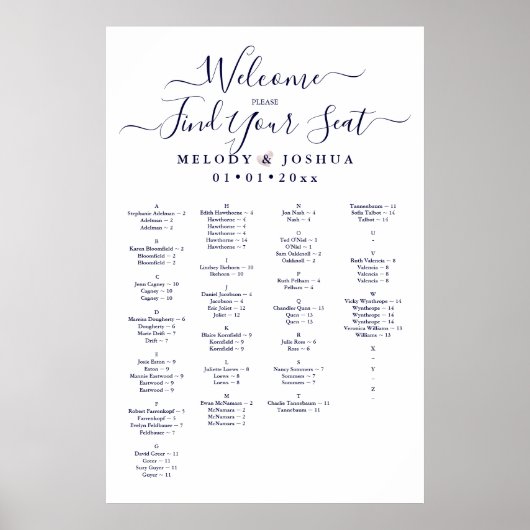 NAVY BLAUE SITZKARTE, ALPHABETISCH POSTER (Vorne)