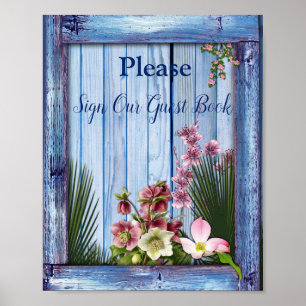 Navy - Blaue Texturierte & Rosa Blumen Poster