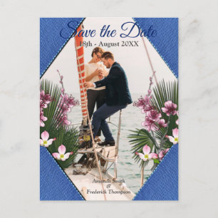Navy - Blaue Texturierte & Rosa Blumen Save the Da Ankündigungspostkarte